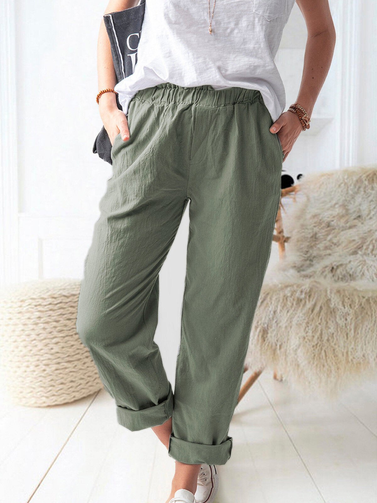 Pantalons lin femme – Pantalon décontracté léger et élégant