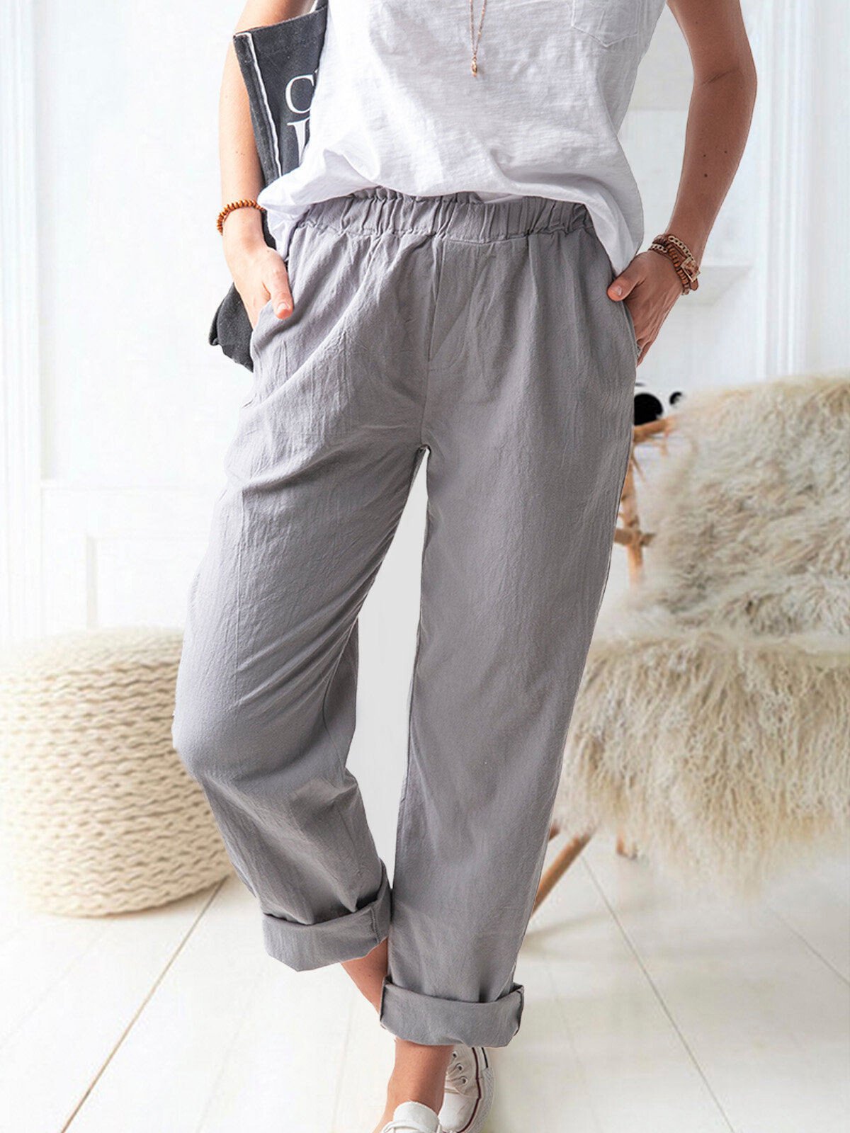 Pantalons lin femme – Pantalon décontracté léger et élégant