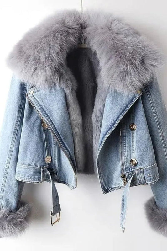 Veste d'hiver denim femme – Veste stylée avec fourrure chaude et tendance